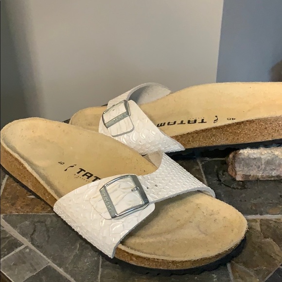 Birkenstock Shoes - Tatami Birkenstock Slides in White Lizard - NWOT